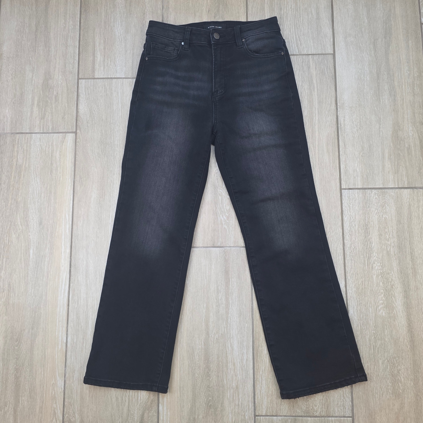 Risen Black Straight Leg Jeans Women 7/28 High Rise Distressed Hem Stretch